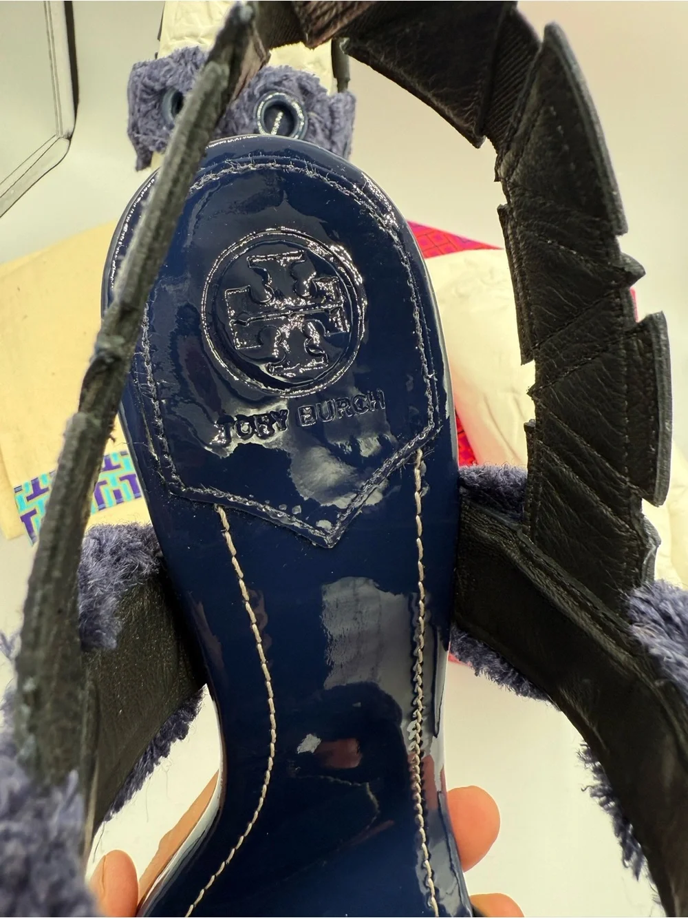 Tory Burch Navy Floral-Appliqué Wedge Sandals